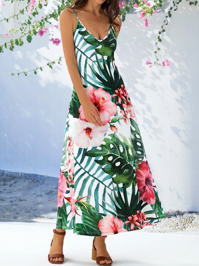 V Neck Casual Floral Loose Dress