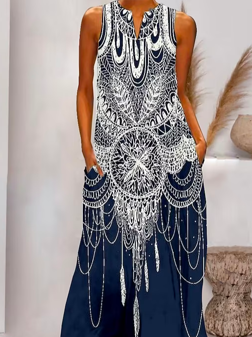 Loose V Neck Vacation Ethnic Dress