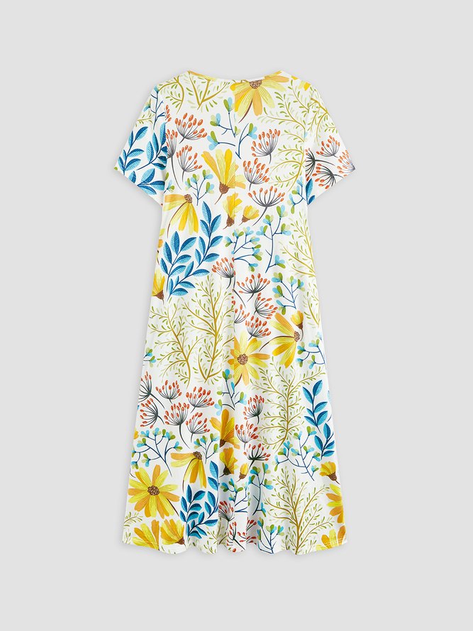 Round Neck Floral Casual Midi Dress