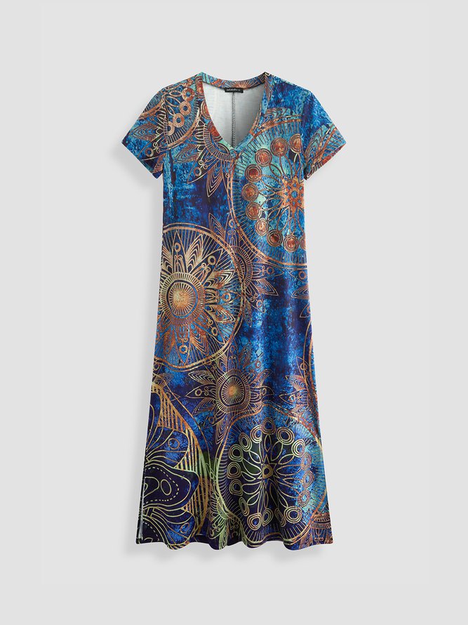 V Neck Tribal Vacation Maxi Dress