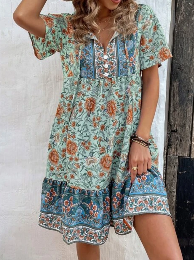 Floral Boho V Neck lightweight Smock Dress
