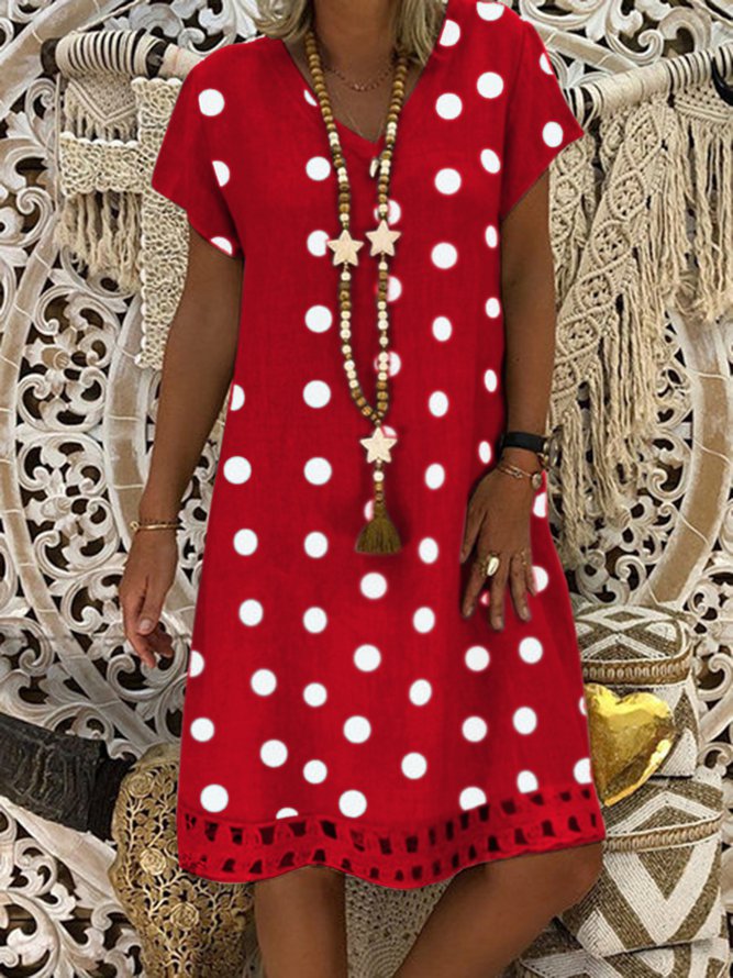 V Neck polka dots Casual Midi Linen Dress