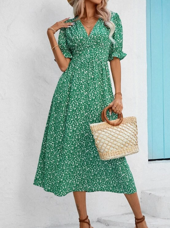 Vacation Loose V Neck Floral Dress