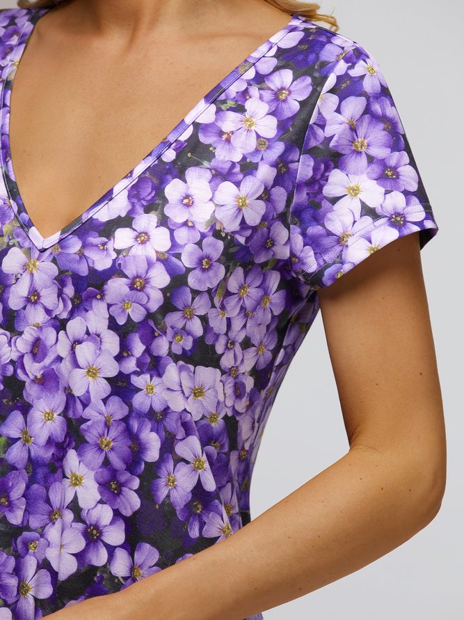 Ditsy Floral Jersey V Neck Casual Dress