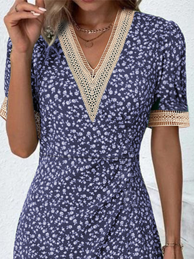 Ditsy Floral Summer V Neck Lace Casual Dress