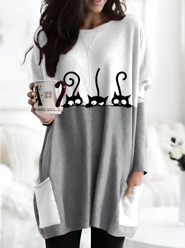 Cat Casual Batwing Sleeve Crew Neck Dress