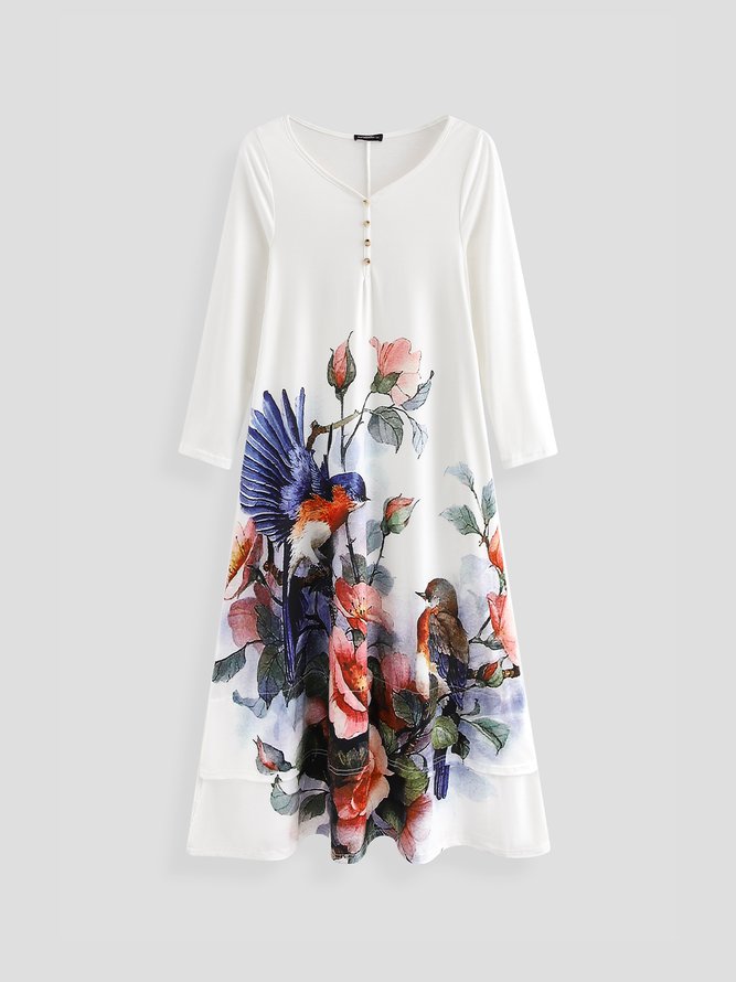 Round Neck Floral Vacation Midi Dress
