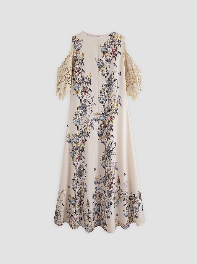 V neck Off Shoulder Butterfly Floral Vacation Maxi Prom Dress