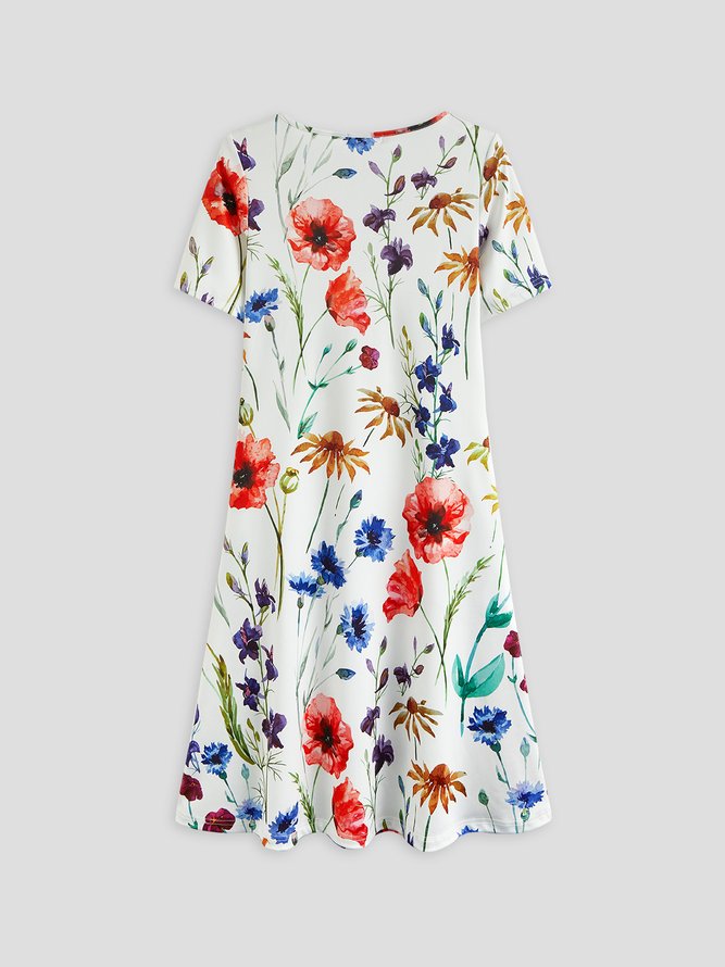 Tropical Floral Print Vacation Beach Midi Hawaiian Dress Regular Fit Round Neck Knee-length dress