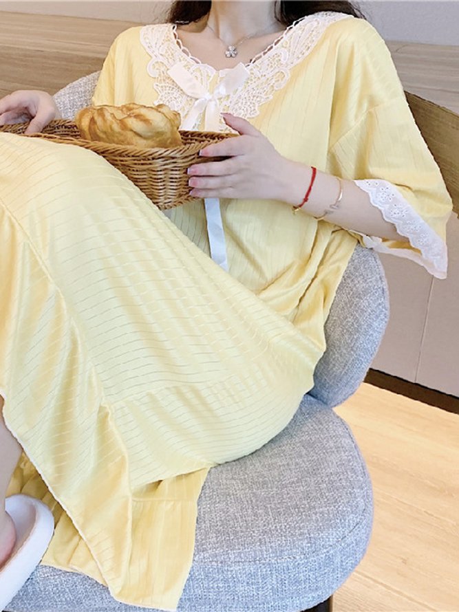 Regular Sleeve Casual Lace V Neck Loose Lounge Dress