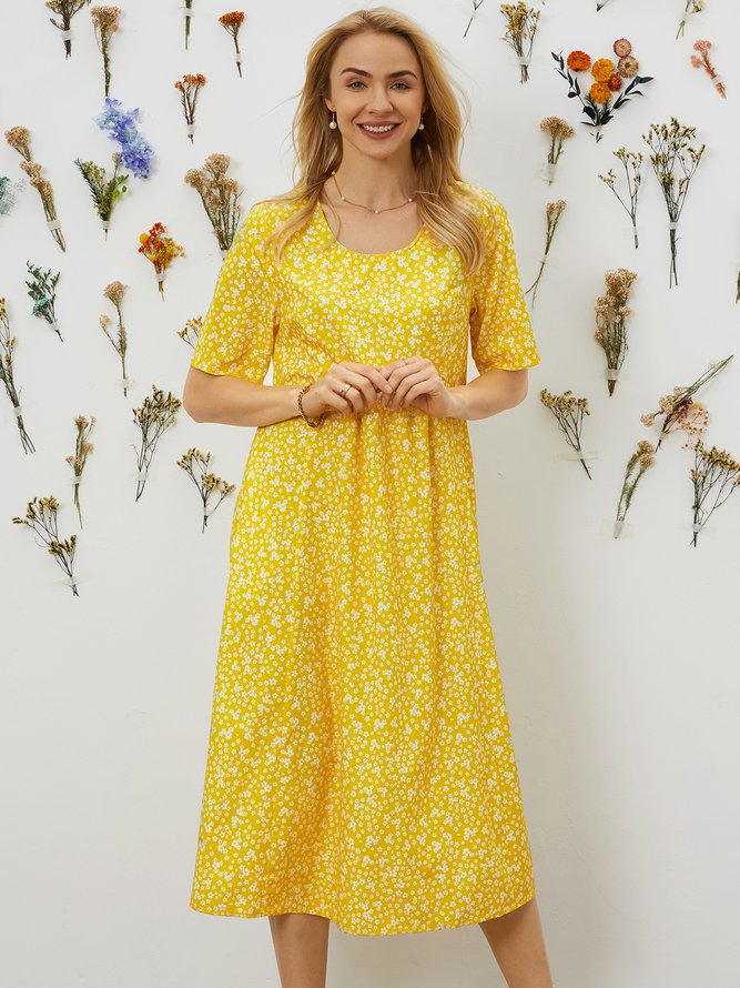 Ditsy Floral Printed Crew Neck Pockets Short Sleeve Casual Midi Shirt Dress