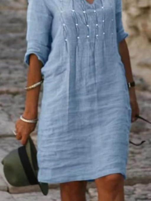 Loose Plain V Neck Casual Dress