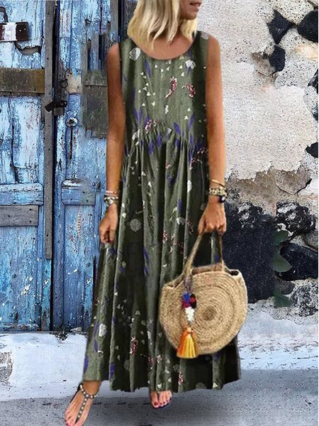 Sleeveless Floral Printed Casual Maxi Weaving Dress
