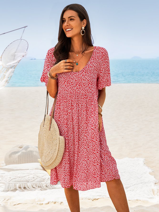 Ditsy Floral V Neck Beach Vacation Casual Mini Smock Dress