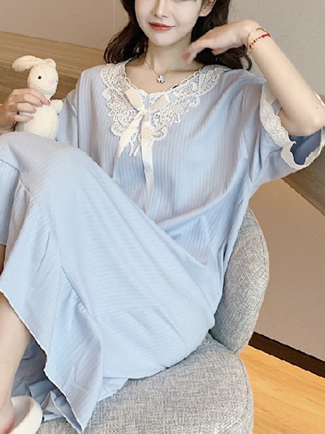 Regular Sleeve Casual Lace V Neck Loose Lounge Dress