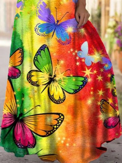 Tie-dye printed suspender casual and floor-length dress