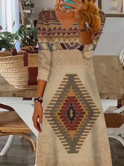 Vacation V Neck Loose Ethnic Dress