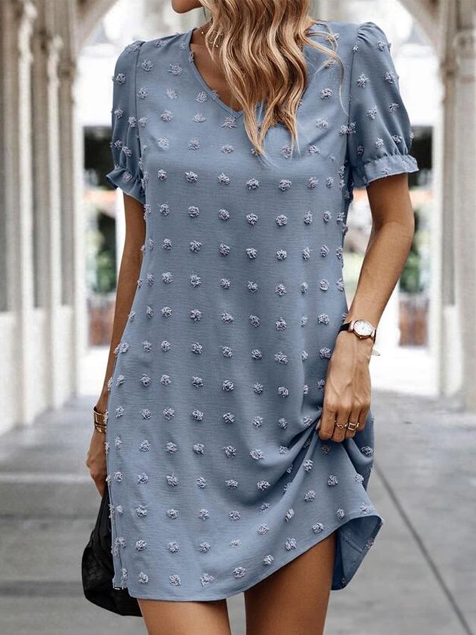 Swiss Dot Lantern Sleeve Plain Simple V Neck Dress