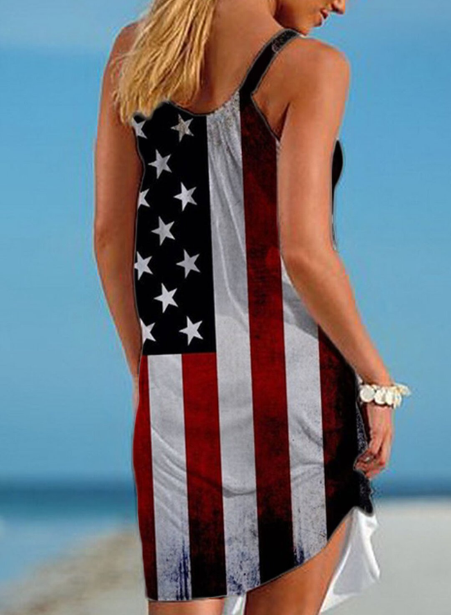 Flag Printed Crew Neck Holiday Sleeveless Knitting Dress