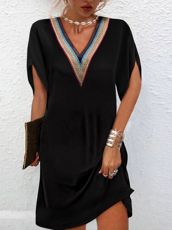 Loose Simple Plain V Neck Lace Dress