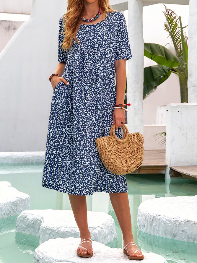 Ditsy Floral Printed Crew Neck Pockets Short Sleeve Casual Midi Shirt Dress