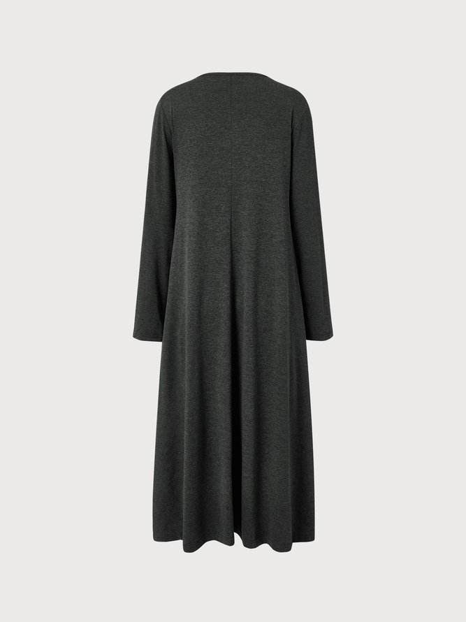 Plain Simple Autumn Buttoned Natural Midi Half Open Collar Dress