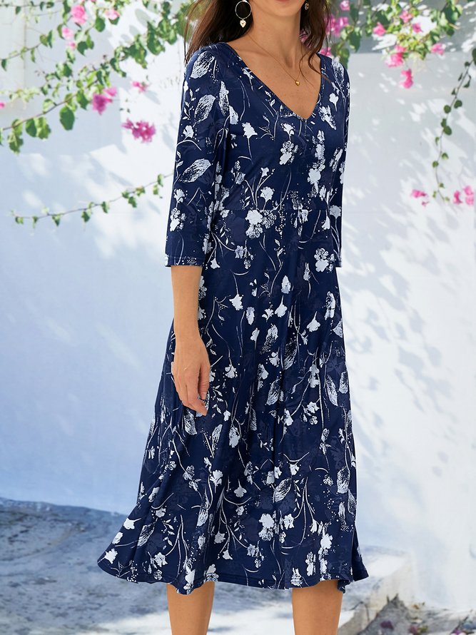 Elegant V Neck Floral Swing Dress