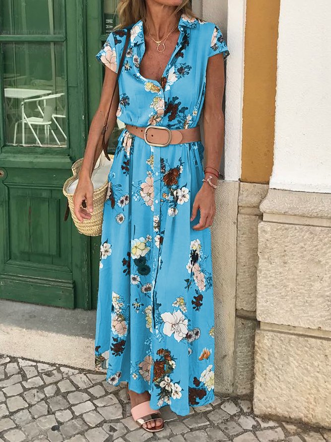 Shirt Collar Women Weaving Dress Shift Daily Cotton-Blend Floral Weaving Dress