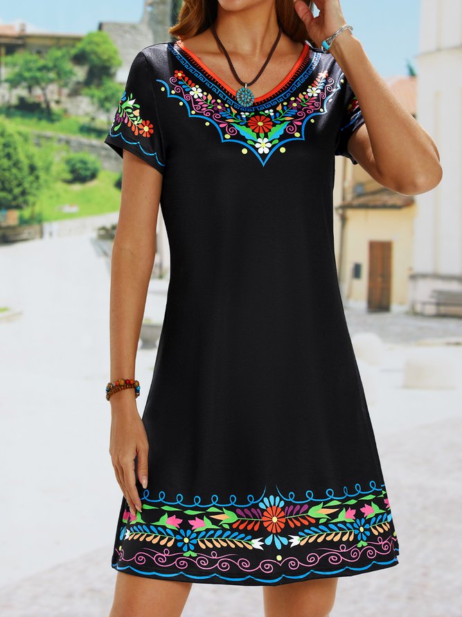 Vacation Regular Fit V Neck Floral Short Sleeve Knit Dress