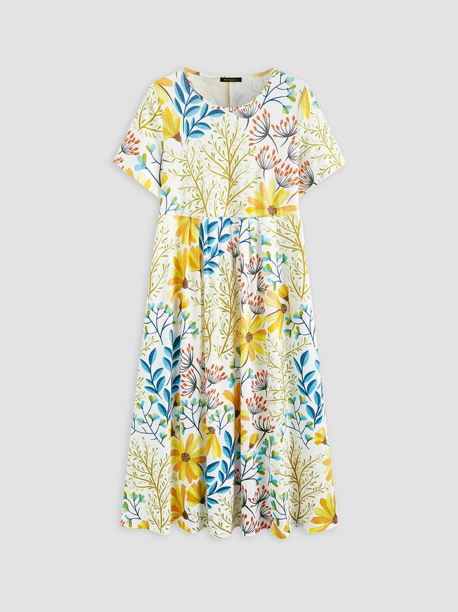 Round Neck Floral Casual Midi Dress