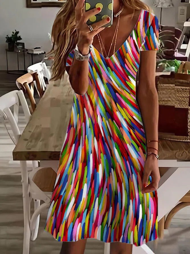 Gradient Pattern V Neck Casual Loose Dress