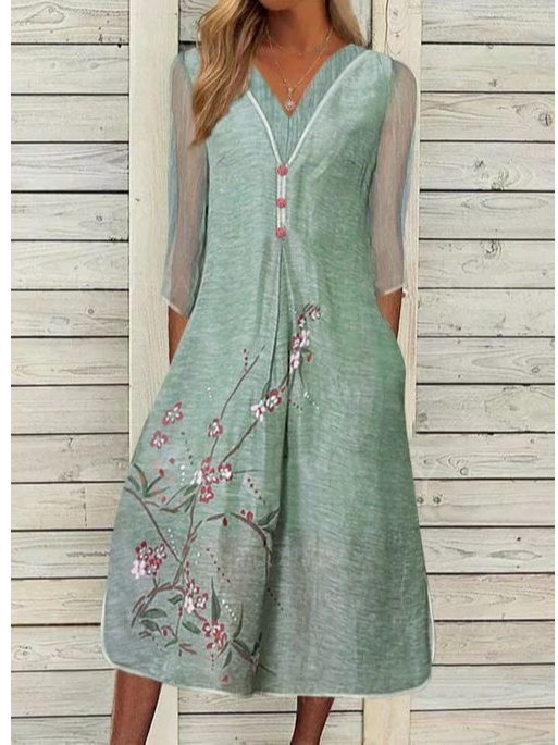 V Neck Casual Floral Linen Dress