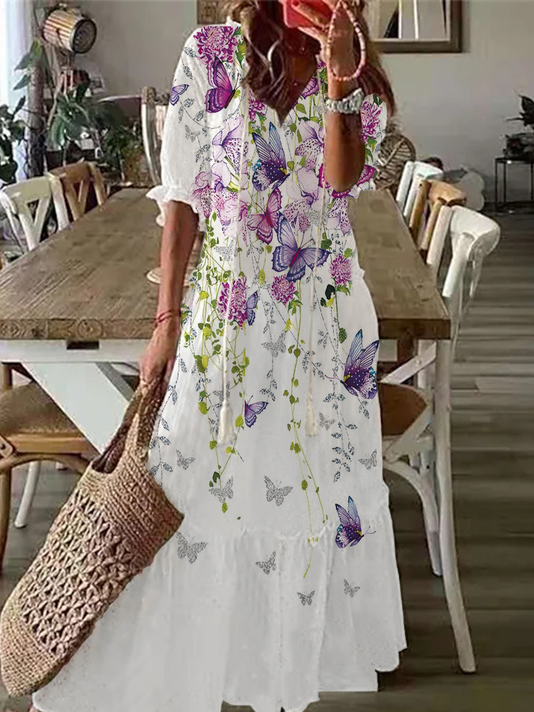 V Neck Boho Floral Butterfly Tiered Dress