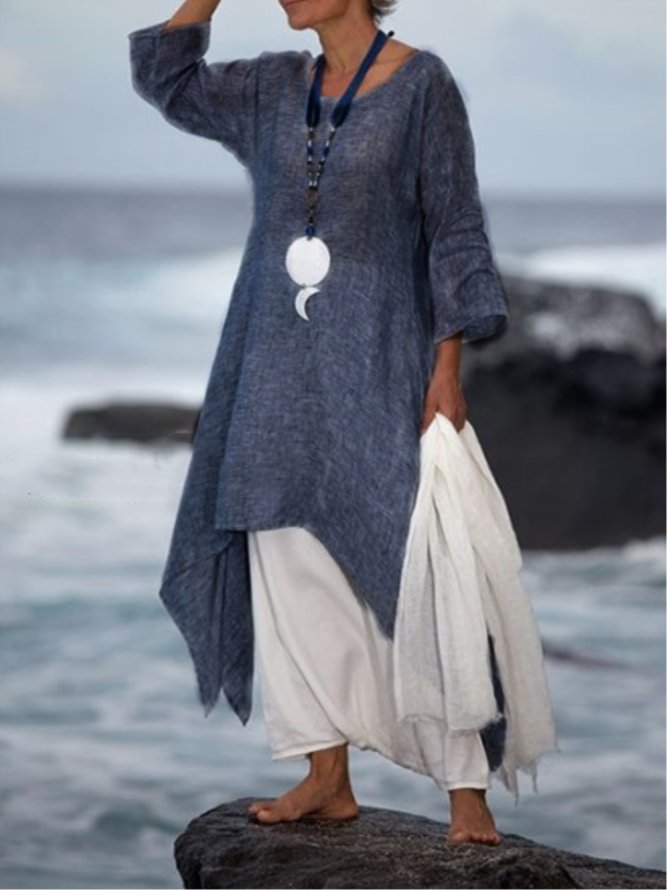 Women Summer Linen 3/4 Sleeve Daytime Crew Neck Asymmetric Dress