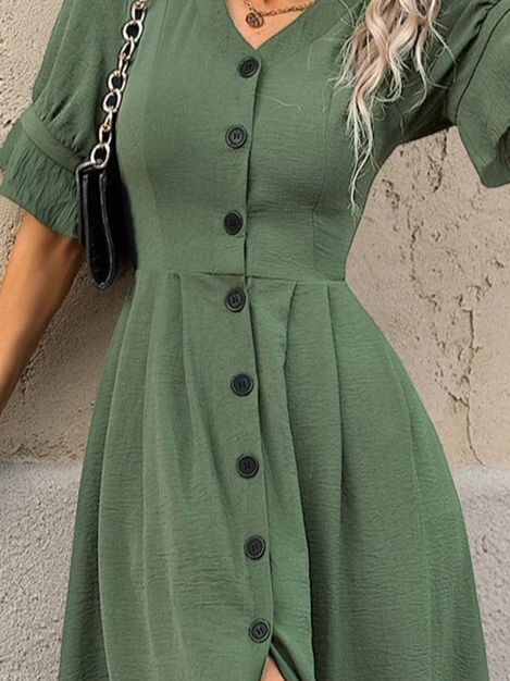 Loose Casual Plain V Neck Dress