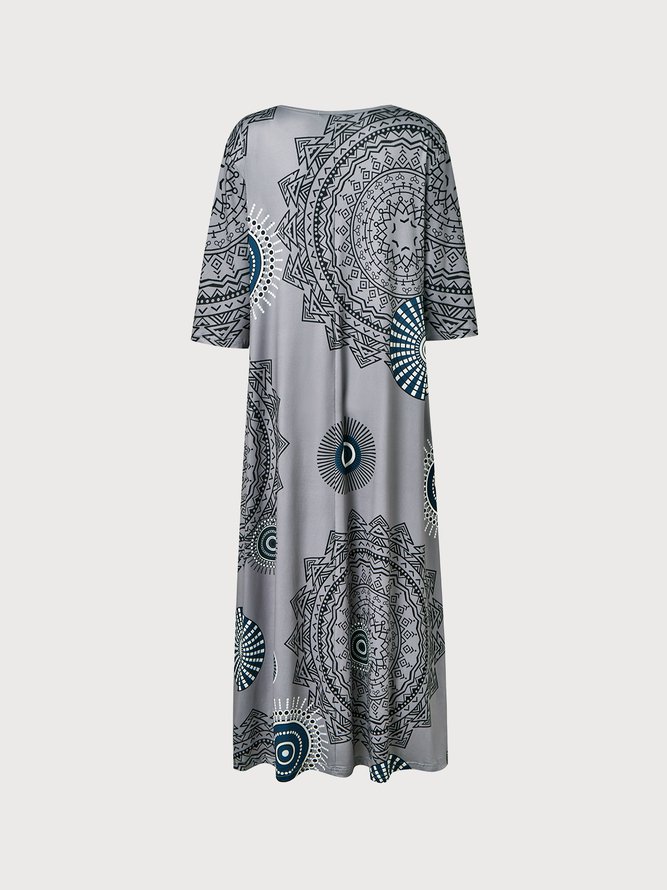 V Neck Loose Ethnic Midi Dress