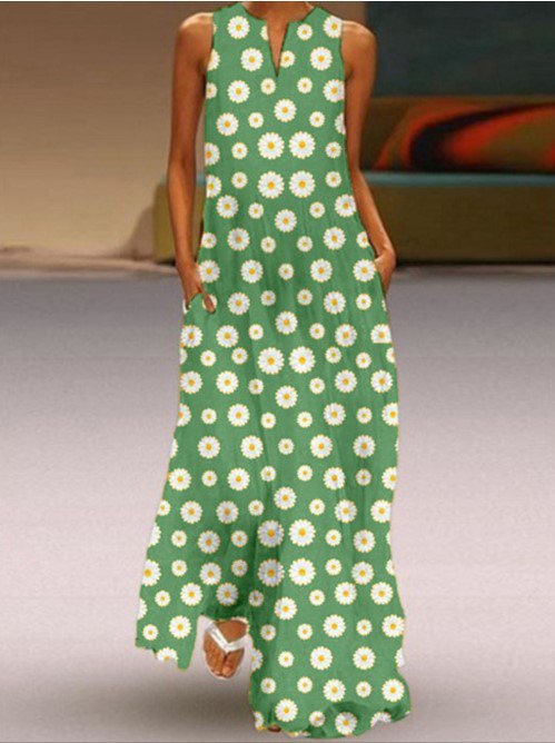 Daisy Print Casual Sleeveless Maxi Weaving Dress