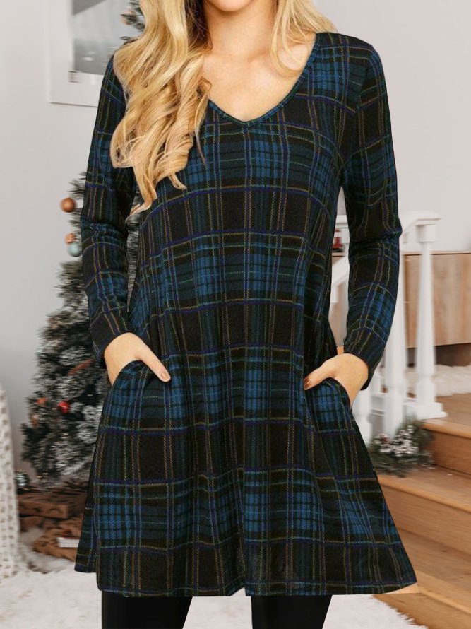 Women Christmas Plaid Print Loose Holiday Knee-Length V-Neck Sexy Dress