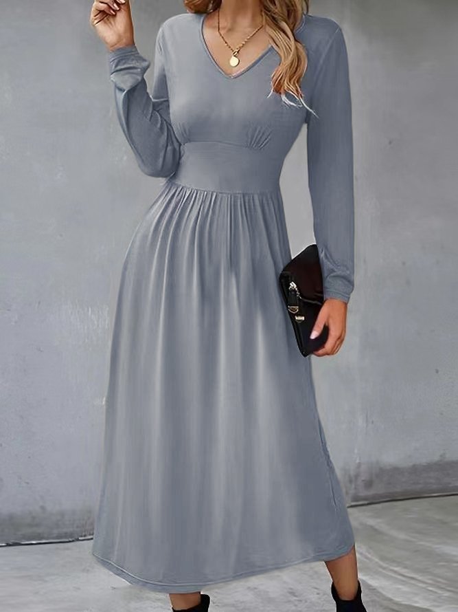 Urban V-neck Solid Color Long Sleeve Midi Dress