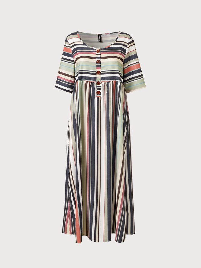 V Neck Stripe Geometric Casual Midi Dress