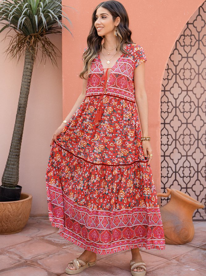 Ditsy Floral V Neck Boho Floral-Print Weaving Dress