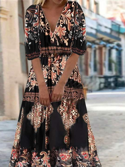 Boho V Neck Ethnic Loose Dress