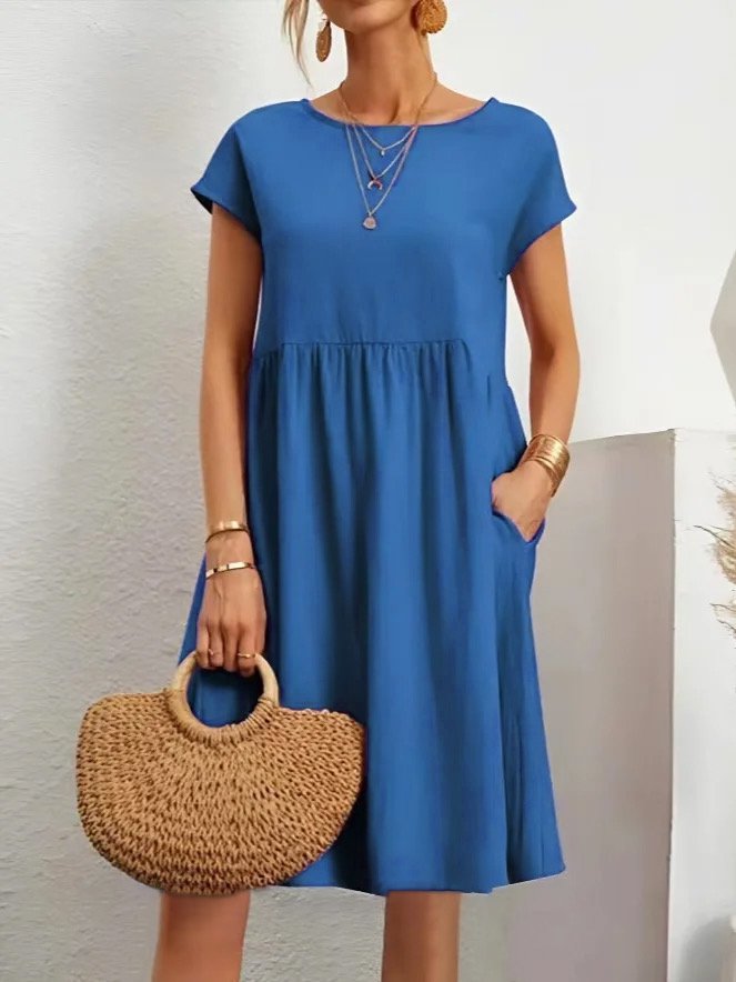 Round Neck Plain Short Sleeve Casual Midi Dress