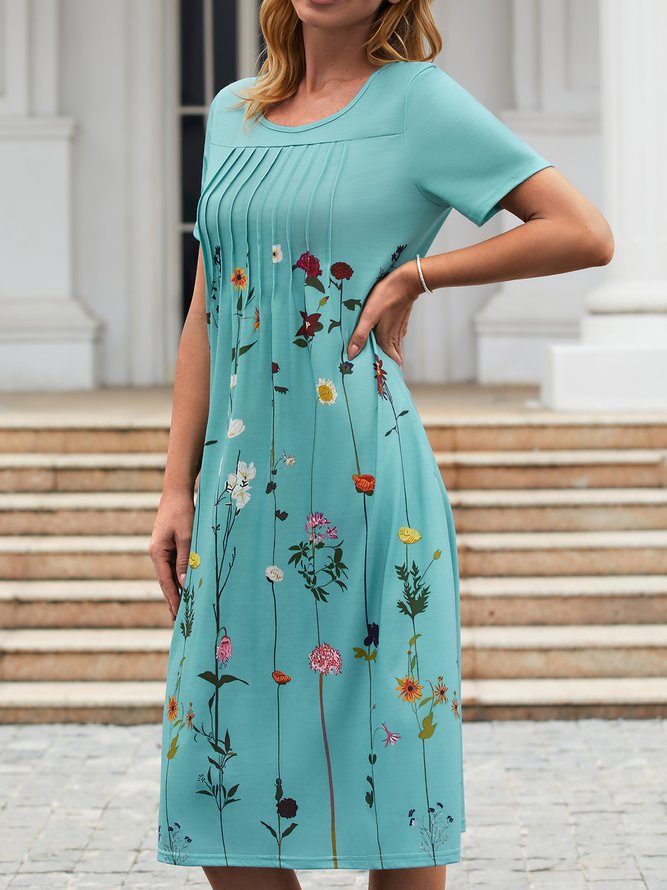 Floral Tunic Round Neckline Midi A-line Dress