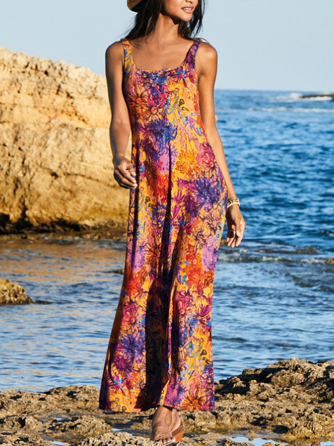 Crew Neck Vacation Loose Color Block Tank Dress