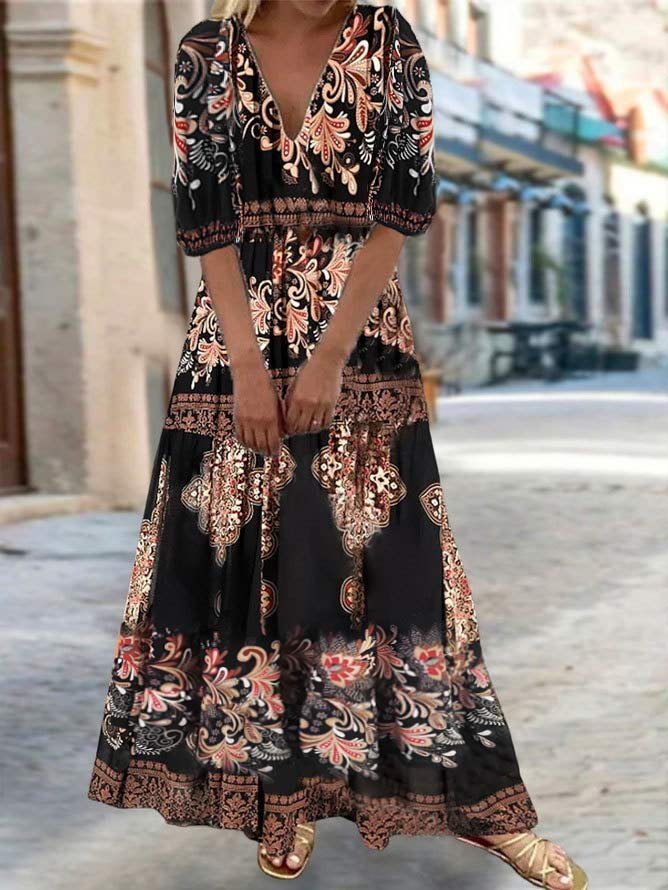 Boho V Neck Ethnic Loose Dress