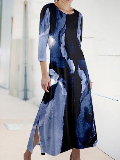 Abstract 3/4 Sleeve Printed Long Dress