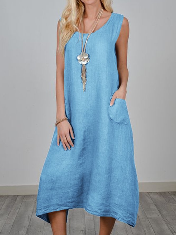 Women Summer Sleeveless Midi Weaving Dress Crew Neck A-Line Daily Cotton Plain Weaving Dress