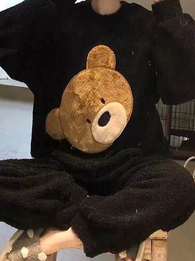 Flannel Cute Cartoon Bear Pajamas Long Sleeve Pants Loungewear Set Plus Size