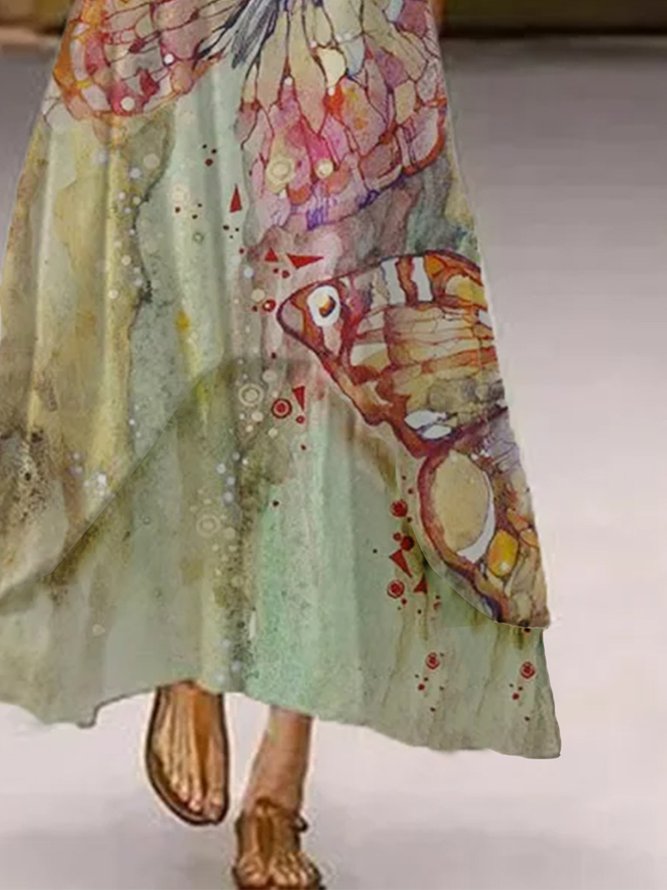 Cotton-Blend 3/4 Sleeve Casual Floral Dress